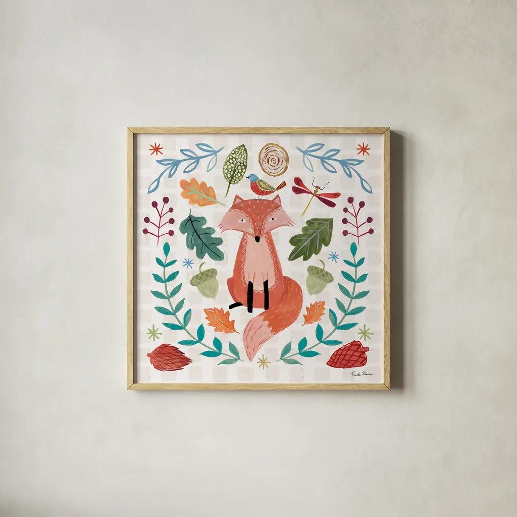 Whimsical Woodland II by Farida Zaman. Shown in a natural wood glass frame for a timeless modern aesthetic. Available as an archival giclee rolled canvas, fine art paper, or poster print. SKU 58231a.