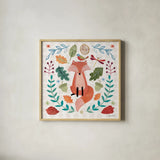 Whimsical Woodland II by Farida Zaman. Shown in a natural wood glass frame for a timeless modern aesthetic. Available as an archival giclee rolled canvas, fine art paper, or poster print. SKU 58231a.
