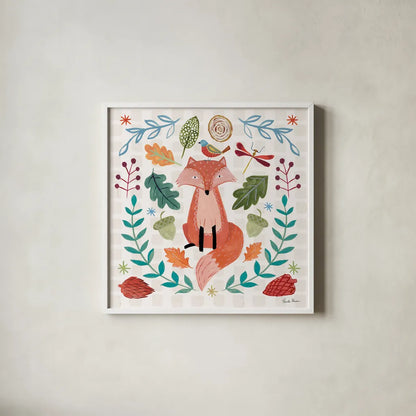 Whimsical Woodland II by Farida Zaman. Shown in a crisp white glass frame for a clean and minimalist style. Available as an archival giclee rolled canvas, fine art paper, or poster print. SKU 58231a.