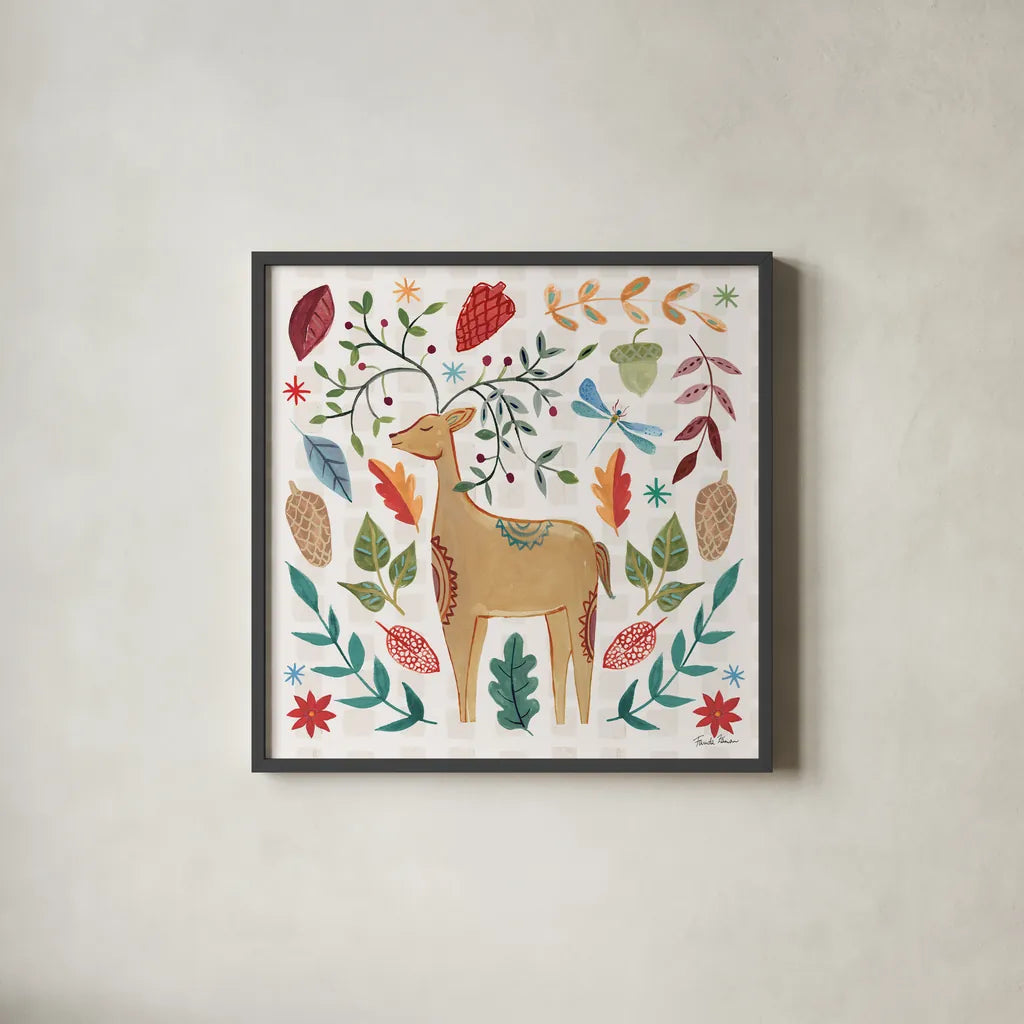 Whimsical Woodland III by Farida Zaman. Shown in a sleek black glass frame for a contemporary gallery look. Available as an archival giclee rolled canvas, fine art paper, or poster print. SKU 58232a.