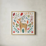 Whimsical Woodland III by Farida Zaman. Shown in a natural wood glass frame for a timeless modern aesthetic. Available as an archival giclee rolled canvas, fine art paper, or poster print. SKU 58232a.