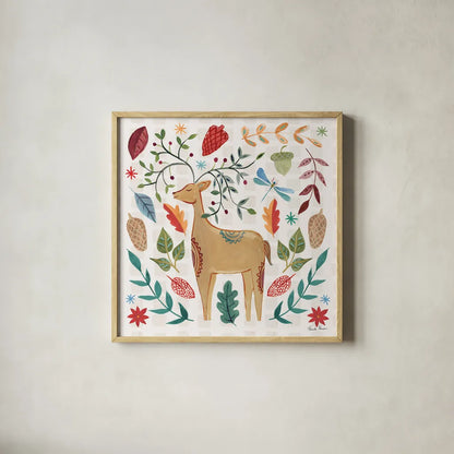 Whimsical Woodland III by Farida Zaman. Shown in a natural wood glass frame for a timeless modern aesthetic. Available as an archival giclee rolled canvas, fine art paper, or poster print. SKU 58232a.