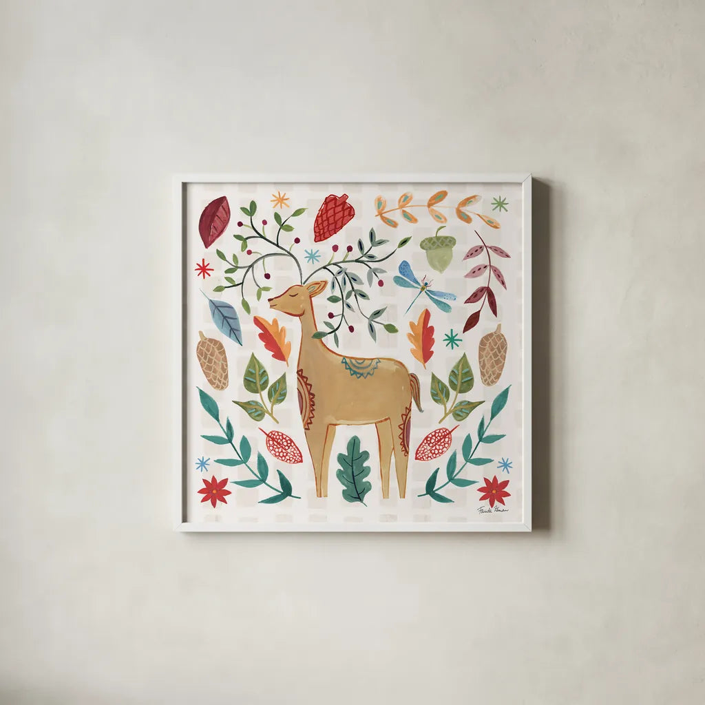 Whimsical Woodland III by Farida Zaman. Shown in a crisp white glass frame for a clean and minimalist style. Available as an archival giclee rolled canvas, fine art paper, or poster print. SKU 58232a.