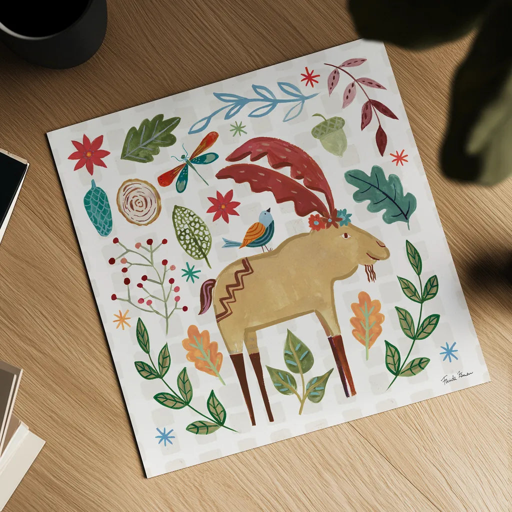 Whimsical Woodland IV by Farida Zaman. Shown as a detailed flat fine art print, highlighting archival giclee quality. Available as an archival giclee rolled canvas, fine art paper, or poster print. SKU 58233a.