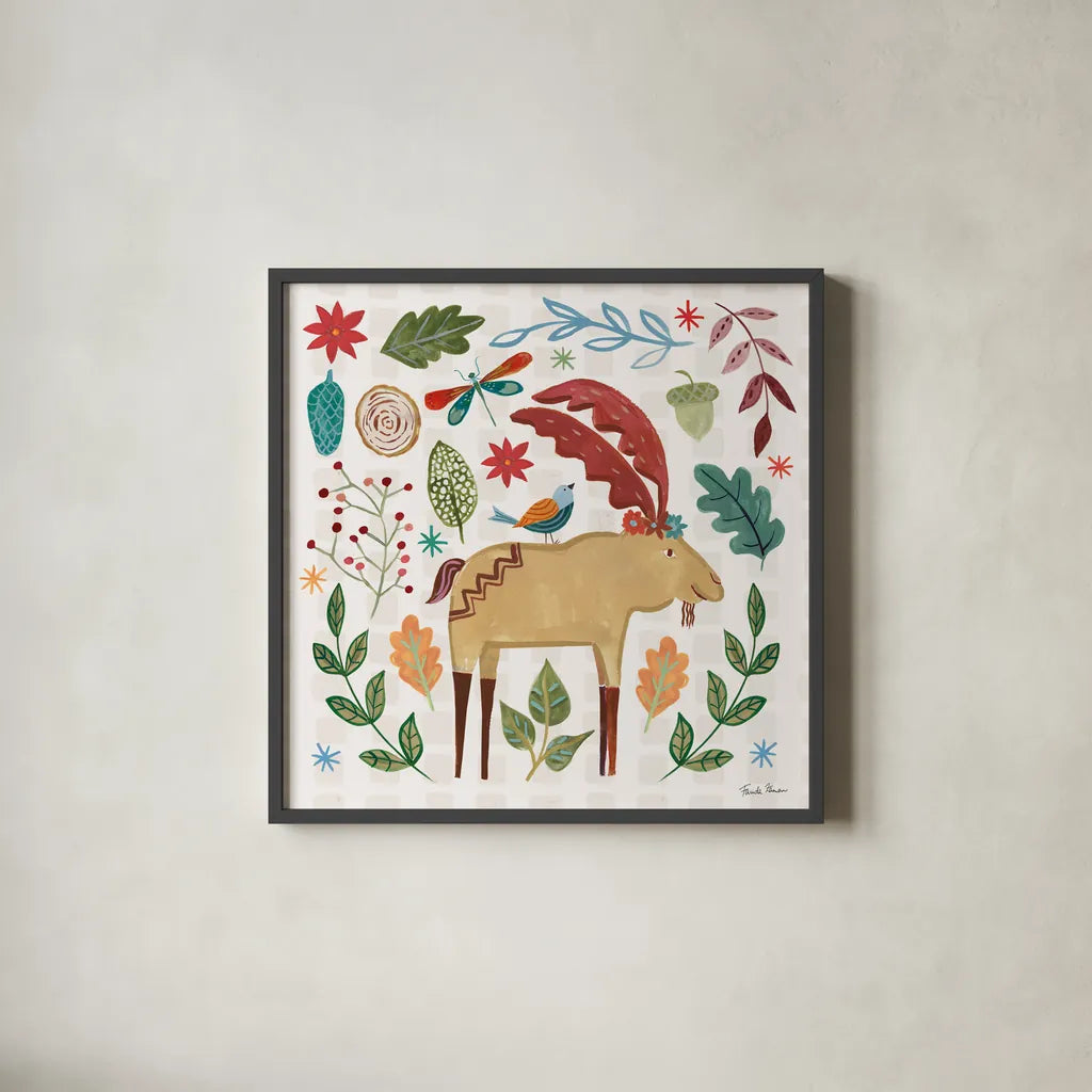 Whimsical Woodland IV by Farida Zaman. Shown in a sleek black glass frame for a contemporary gallery look. Available as an archival giclee rolled canvas, fine art paper, or poster print. SKU 58233a.