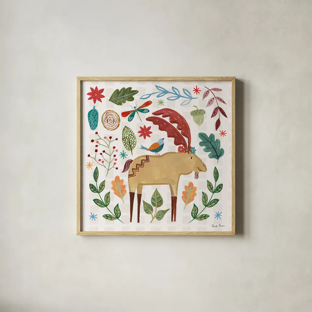 Whimsical Woodland IV by Farida Zaman. Shown in a natural wood glass frame for a timeless modern aesthetic. Available as an archival giclee rolled canvas, fine art paper, or poster print. SKU 58233a.