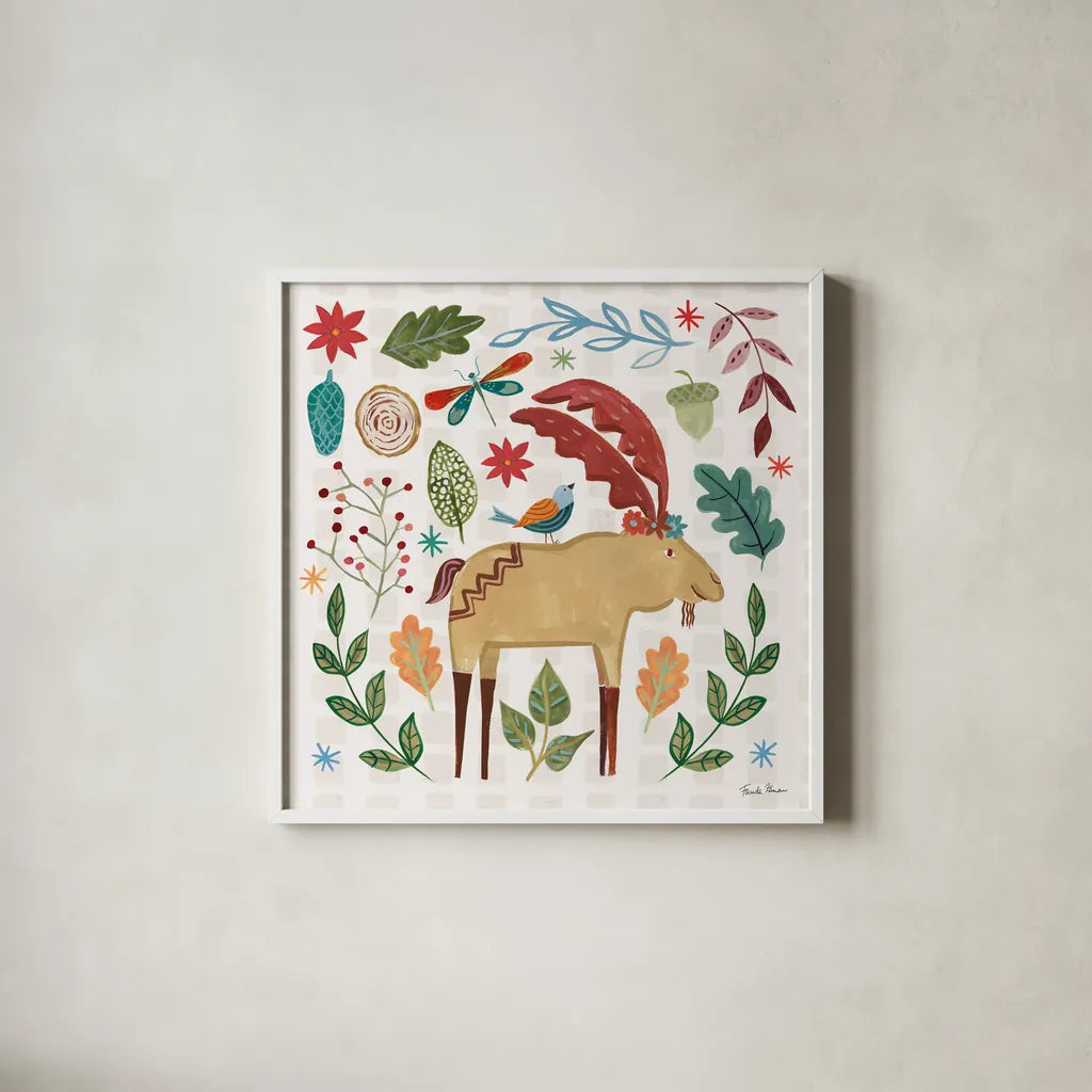 Whimsical Woodland IV by Farida Zaman. Shown in a crisp white glass frame for a clean and minimalist style. Available as an archival giclee rolled canvas, fine art paper, or poster print. SKU 58233a.