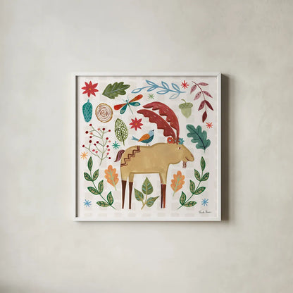 Whimsical Woodland IV by Farida Zaman. Shown in a crisp white glass frame for a clean and minimalist style. Available as an archival giclee rolled canvas, fine art paper, or poster print. SKU 58233a.