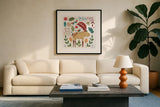 Whimsical Woodland IV by Farida Zaman. Displayed in a glass frame with matte in a clean modern living room. Available as an archival giclee rolled canvas, fine art paper, or poster print. SKU 58233a.