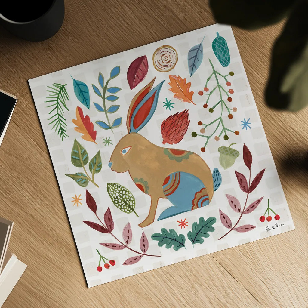 Whimsical Woodland V by Farida Zaman. Shown as a detailed flat fine art print, highlighting archival giclee quality. Available as an archival giclee rolled canvas, fine art paper, or poster print. SKU 58234a.