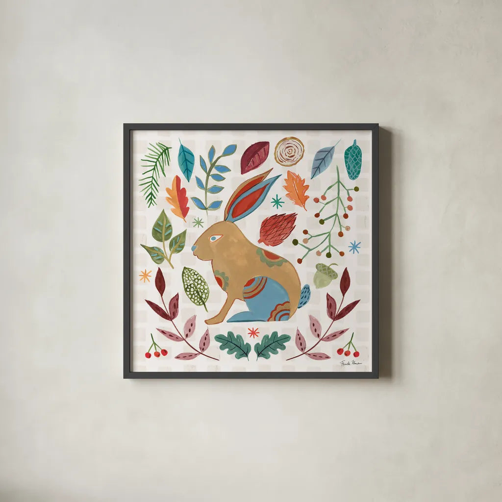 Whimsical Woodland V by Farida Zaman. Shown in a sleek black glass frame for a contemporary gallery look. Available as an archival giclee rolled canvas, fine art paper, or poster print. SKU 58234a.