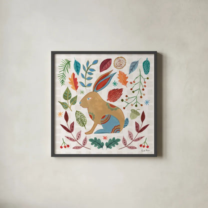 Whimsical Woodland V by Farida Zaman. Shown in a sleek black glass frame for a contemporary gallery look. Available as an archival giclee rolled canvas, fine art paper, or poster print. SKU 58234a.