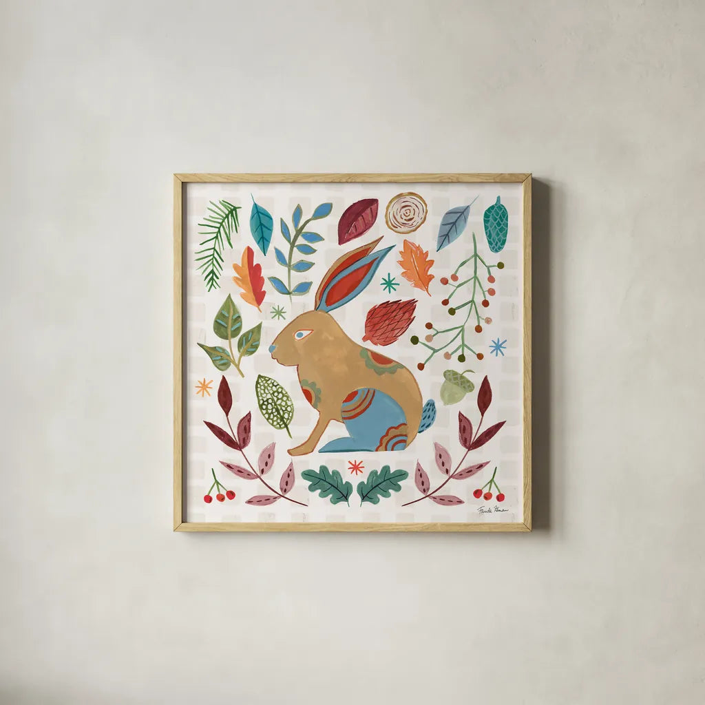 Whimsical Woodland V by Farida Zaman. Shown in a natural wood glass frame for a timeless modern aesthetic. Available as an archival giclee rolled canvas, fine art paper, or poster print. SKU 58234a.