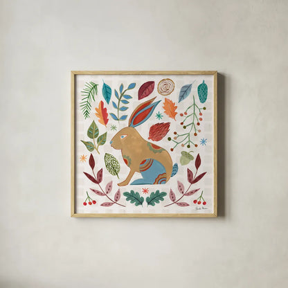 Whimsical Woodland V by Farida Zaman. Shown in a natural wood glass frame for a timeless modern aesthetic. Available as an archival giclee rolled canvas, fine art paper, or poster print. SKU 58234a.