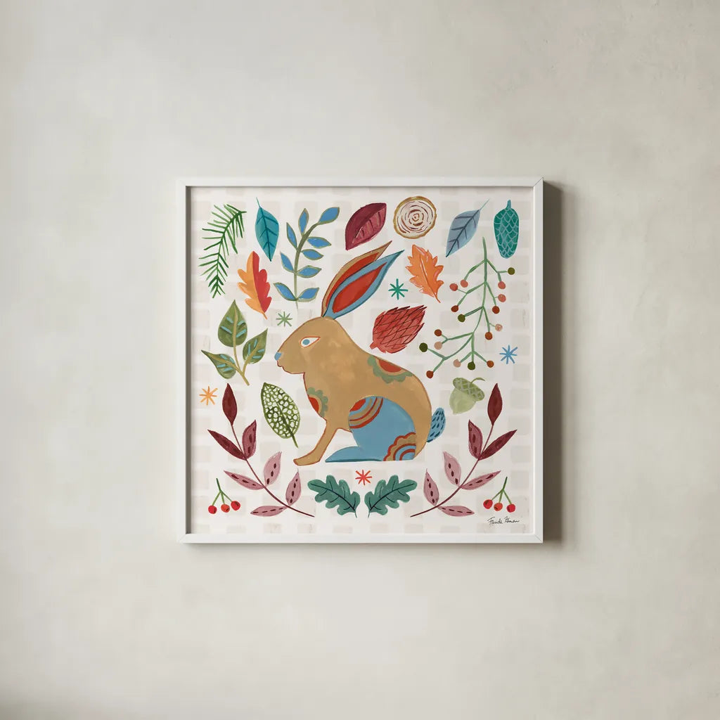 Whimsical Woodland V by Farida Zaman. Shown in a crisp white glass frame for a clean and minimalist style. Available as an archival giclee rolled canvas, fine art paper, or poster print. SKU 58234a.