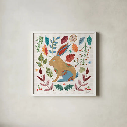 Whimsical Woodland V by Farida Zaman. Shown in a crisp white glass frame for a clean and minimalist style. Available as an archival giclee rolled canvas, fine art paper, or poster print. SKU 58234a.