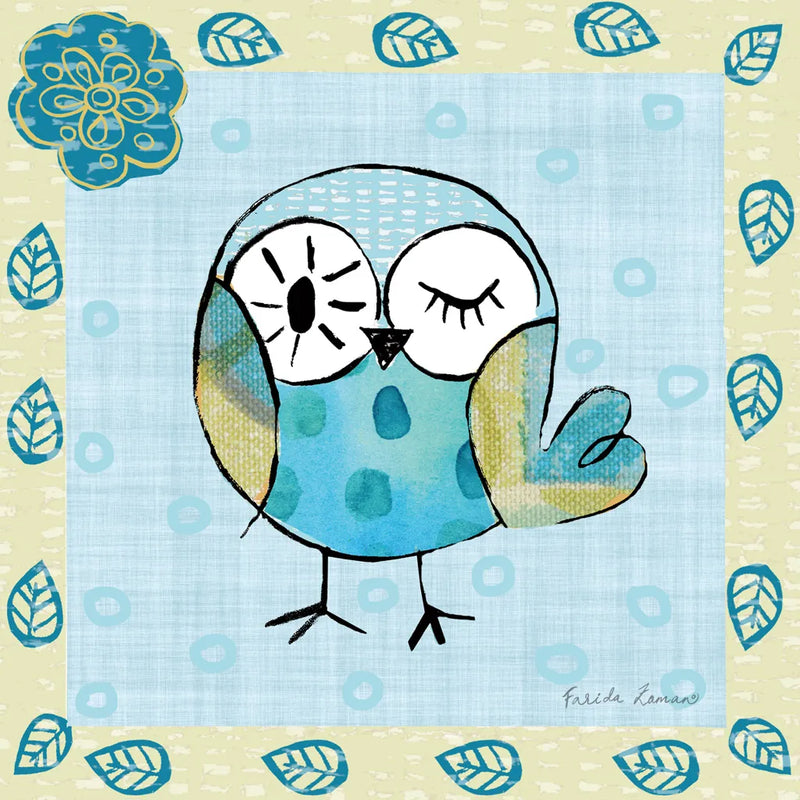 Whimsy Owls I by Farida Zaman. SKU 33111a. Archival Giclee Fine art print for wall decor.
