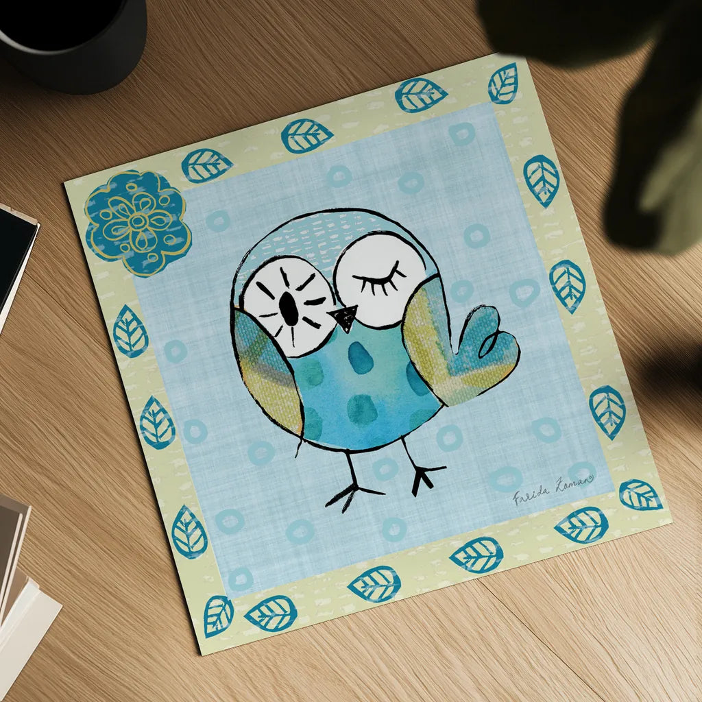 Whimsy Owls I by Farida Zaman. Shown as a detailed flat fine art print, highlighting archival giclee quality. Available as an archival giclee rolled canvas, fine art paper, or poster print. SKU 33111a.