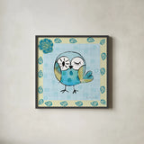 Whimsy Owls I by Farida Zaman. Shown in a sleek black glass frame for a contemporary gallery look. Available as an archival giclee rolled canvas, fine art paper, or poster print. SKU 33111a.