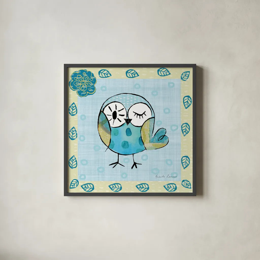 Whimsy Owls I by Farida Zaman. Shown in a sleek black glass frame for a contemporary gallery look. Available as an archival giclee rolled canvas, fine art paper, or poster print. SKU 33111a.