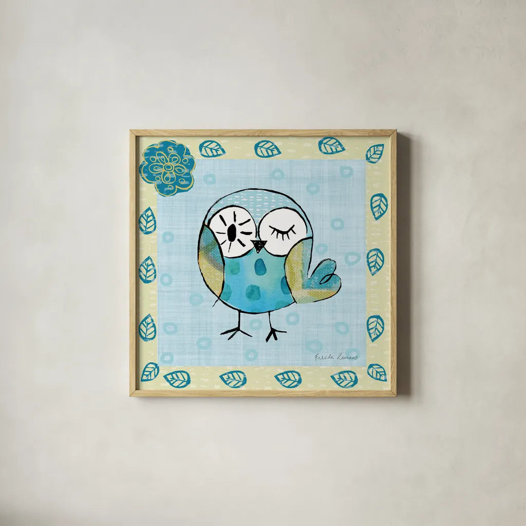 Whimsy Owls I by Farida Zaman. Shown in a natural wood glass frame for a timeless modern aesthetic. Available as an archival giclee rolled canvas, fine art paper, or poster print. SKU 33111a.