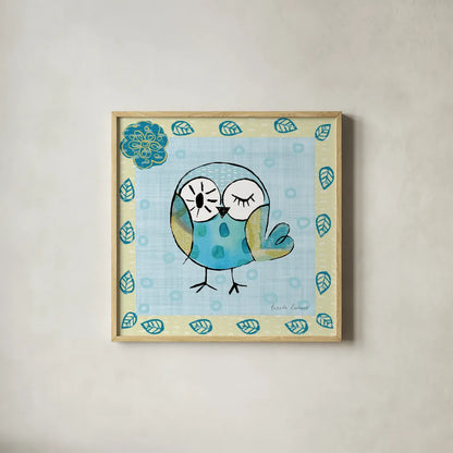 Whimsy Owls I by Farida Zaman. Shown in a natural wood glass frame for a timeless modern aesthetic. Available as an archival giclee rolled canvas, fine art paper, or poster print. SKU 33111a.