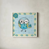 Whimsy Owls I by Farida Zaman. Shown in a crisp white glass frame for a clean and minimalist style. Available as an archival giclee rolled canvas, fine art paper, or poster print. SKU 33111a.