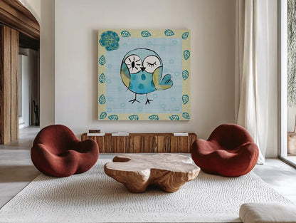 Whimsy Owls I by Farida Zaman. Shown as extra-large giant wall art in a modern living room. Available as an archival giclee rolled canvas, fine art paper, or poster print. SKU 33111a.