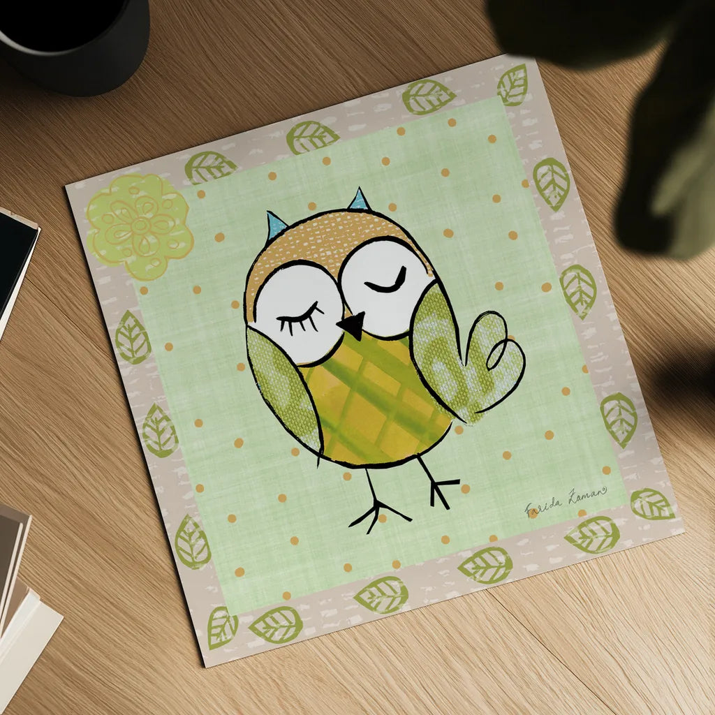 Whimsy Owls II by Farida Zaman. Shown as a detailed flat fine art print, highlighting archival giclee quality. Available as an archival giclee rolled canvas, fine art paper, or poster print. SKU 33112a.