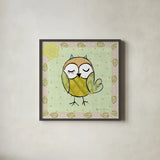 Whimsy Owls II by Farida Zaman. Shown in a sleek black glass frame for a contemporary gallery look. Available as an archival giclee rolled canvas, fine art paper, or poster print. SKU 33112a.