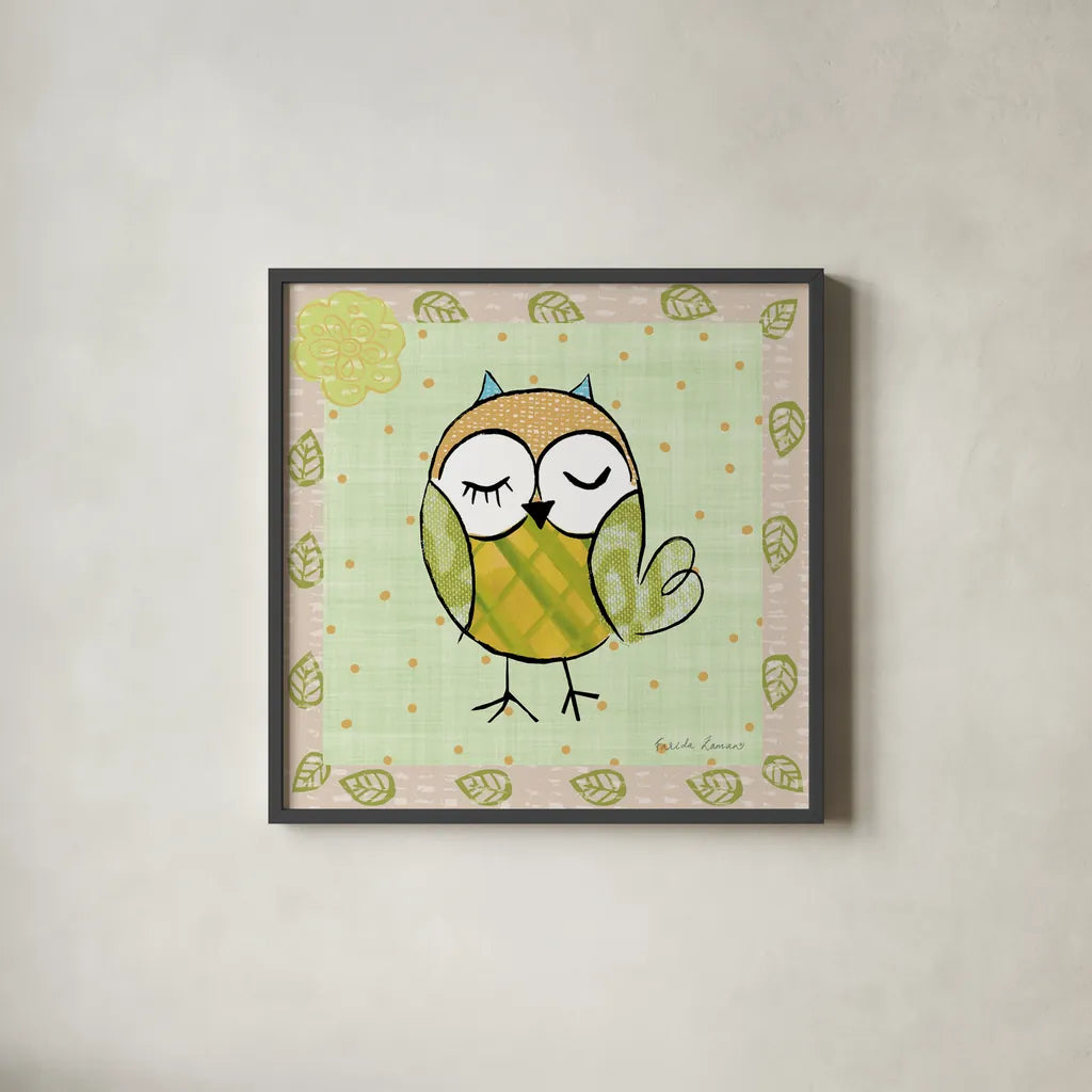 Whimsy Owls II by Farida Zaman. Shown in a sleek black glass frame for a contemporary gallery look. Available as an archival giclee rolled canvas, fine art paper, or poster print. SKU 33112a.