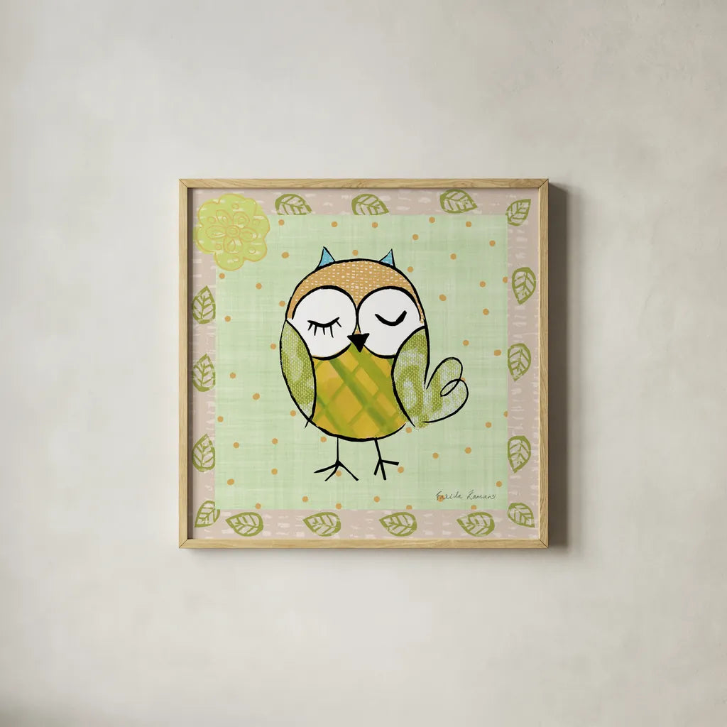 Whimsy Owls II by Farida Zaman. Shown in a natural wood glass frame for a timeless modern aesthetic. Available as an archival giclee rolled canvas, fine art paper, or poster print. SKU 33112a.