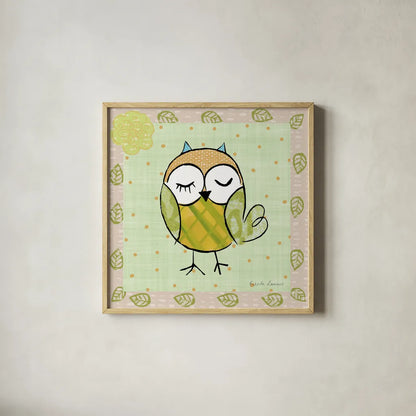 Whimsy Owls II by Farida Zaman. Shown in a natural wood glass frame for a timeless modern aesthetic. Available as an archival giclee rolled canvas, fine art paper, or poster print. SKU 33112a.