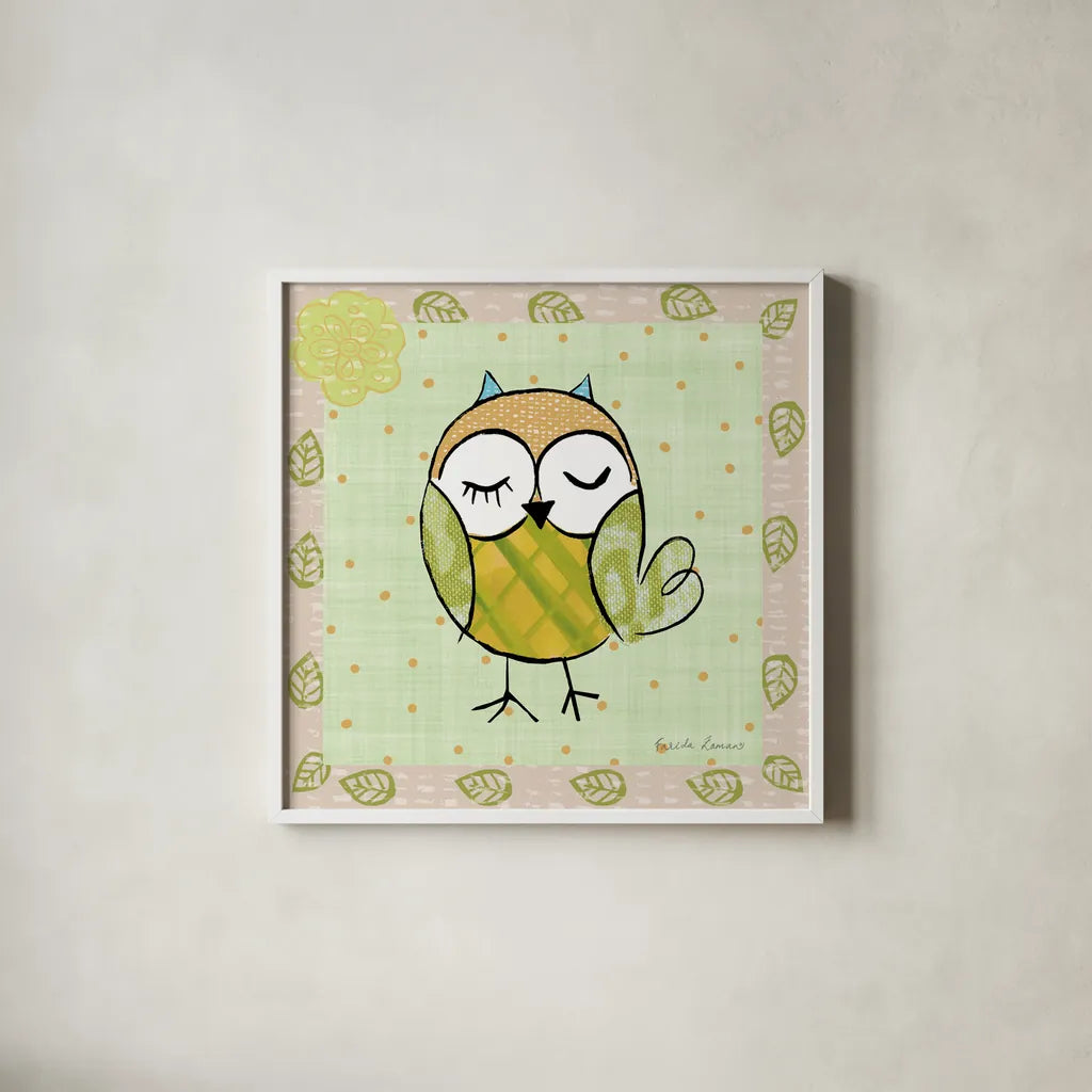 Whimsy Owls II by Farida Zaman. Shown in a crisp white glass frame for a clean and minimalist style. Available as an archival giclee rolled canvas, fine art paper, or poster print. SKU 33112a.