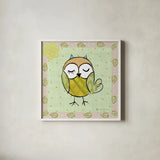 Whimsy Owls II by Farida Zaman. Shown in a crisp white glass frame for a clean and minimalist style. Available as an archival giclee rolled canvas, fine art paper, or poster print. SKU 33112a.