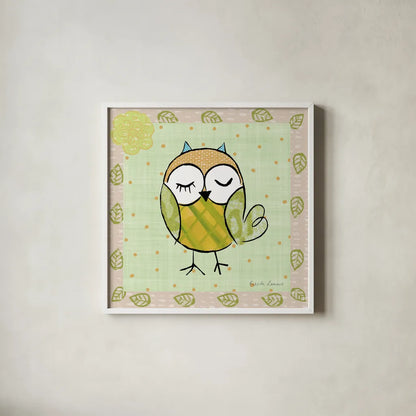 Whimsy Owls II by Farida Zaman. Shown in a crisp white glass frame for a clean and minimalist style. Available as an archival giclee rolled canvas, fine art paper, or poster print. SKU 33112a.