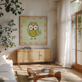 Whimsy Owls II by Farida Zaman. Shown in a natural wood frame in a cozy modern living room. Available as an archival giclee rolled canvas, fine art paper, or poster print. SKU 33112a.