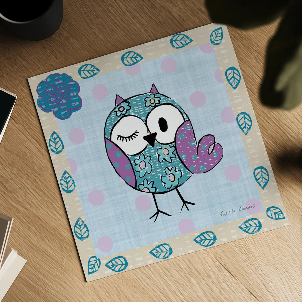 Whimsy Owls III by Farida Zaman. Shown as a detailed flat fine art print, highlighting archival giclee quality. Available as an archival giclee rolled canvas, fine art paper, or poster print. SKU 33113a.