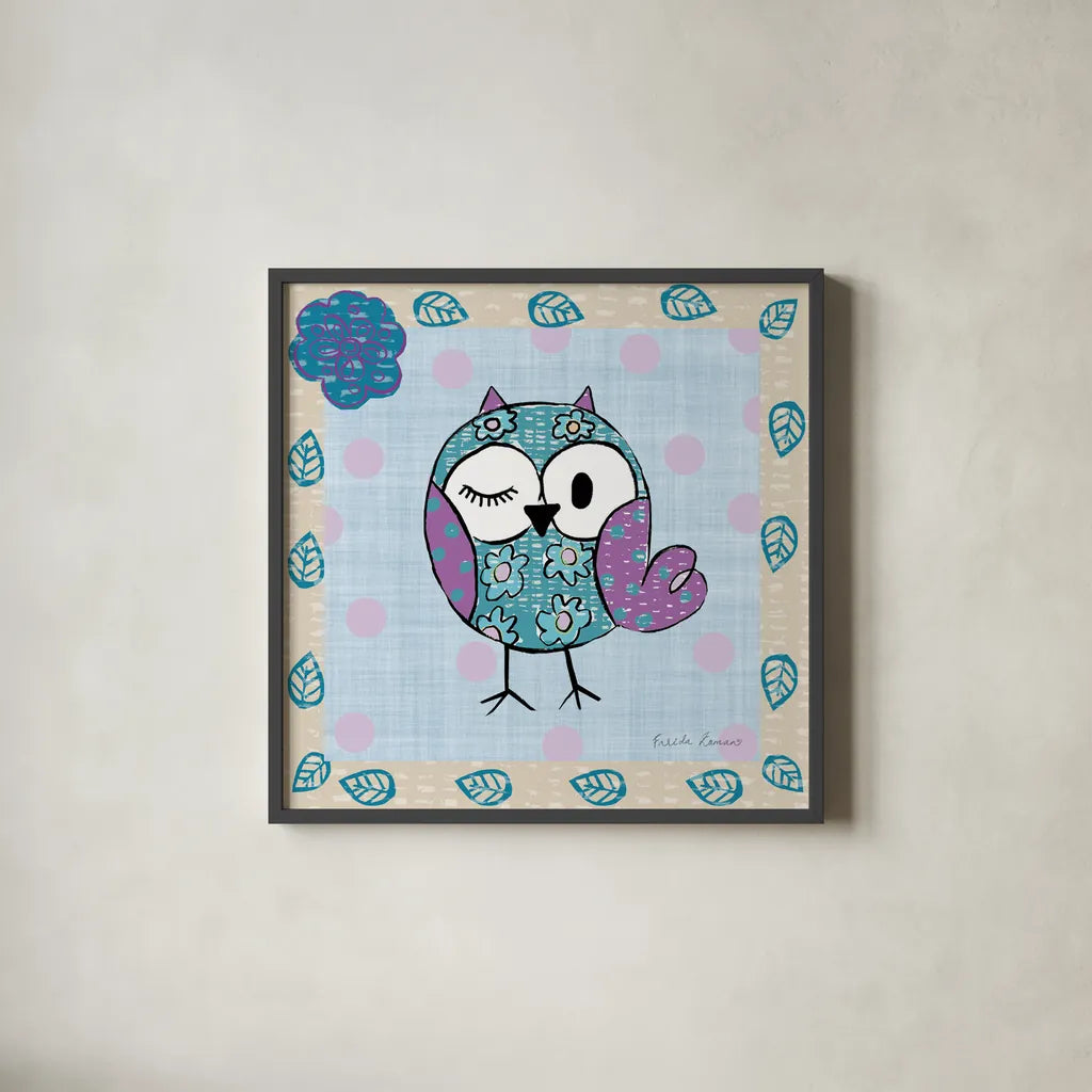 Whimsy Owls III by Farida Zaman. Shown in a sleek black glass frame for a contemporary gallery look. Available as an archival giclee rolled canvas, fine art paper, or poster print. SKU 33113a.