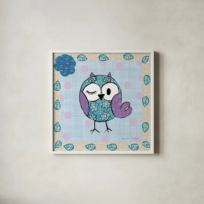 Whimsy Owls III by Farida Zaman. Shown in a crisp white glass frame for a clean and minimalist style. Available as an archival giclee rolled canvas, fine art paper, or poster print. SKU 33113a.