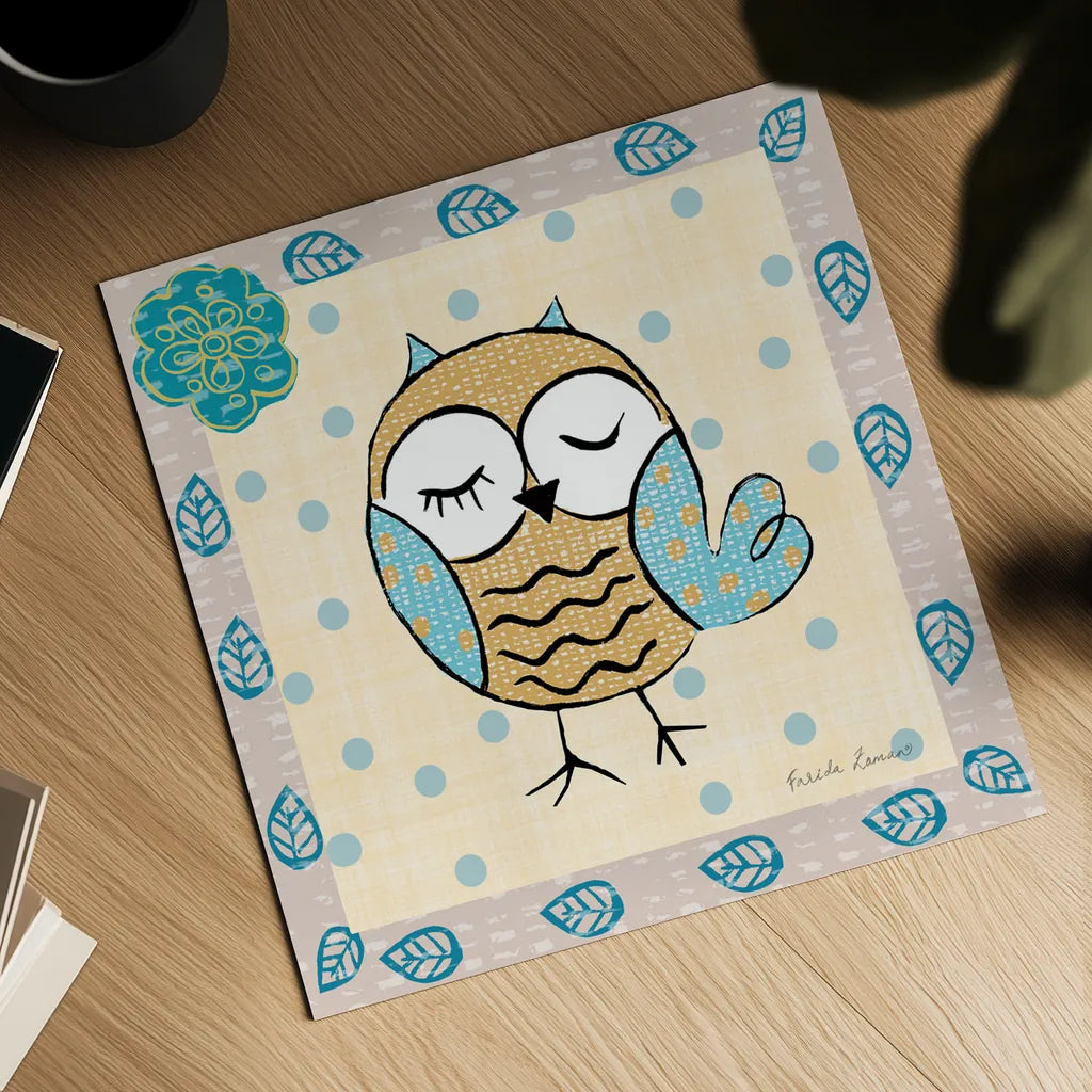 Whimsy Owls IV by Farida Zaman. Shown as a detailed flat fine art print, highlighting archival giclee quality. Available as an archival giclee rolled canvas, fine art paper, or poster print. SKU 33114a.
