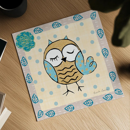 Whimsy Owls IV by Farida Zaman. Shown as a detailed flat fine art print, highlighting archival giclee quality. Available as an archival giclee rolled canvas, fine art paper, or poster print. SKU 33114a.