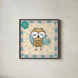 Whimsy Owls IV by Farida Zaman. Shown in a sleek black glass frame for a contemporary gallery look. Available as an archival giclee rolled canvas, fine art paper, or poster print. SKU 33114a.