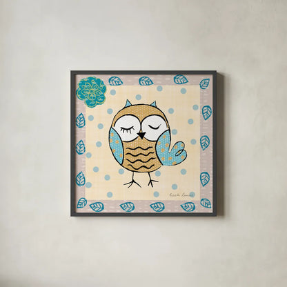 Whimsy Owls IV by Farida Zaman. Shown in a sleek black glass frame for a contemporary gallery look. Available as an archival giclee rolled canvas, fine art paper, or poster print. SKU 33114a.