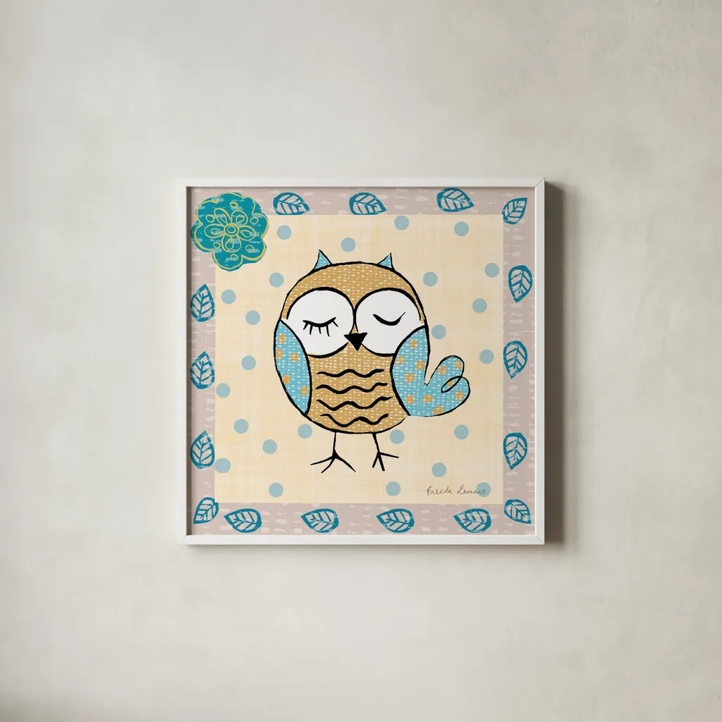 Whimsy Owls IV by Farida Zaman. Shown in a crisp white glass frame for a clean and minimalist style. Available as an archival giclee rolled canvas, fine art paper, or poster print. SKU 33114a.