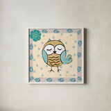 Whimsy Owls IV by Farida Zaman. Shown in a crisp white glass frame for a clean and minimalist style. Available as an archival giclee rolled canvas, fine art paper, or poster print. SKU 33114a.