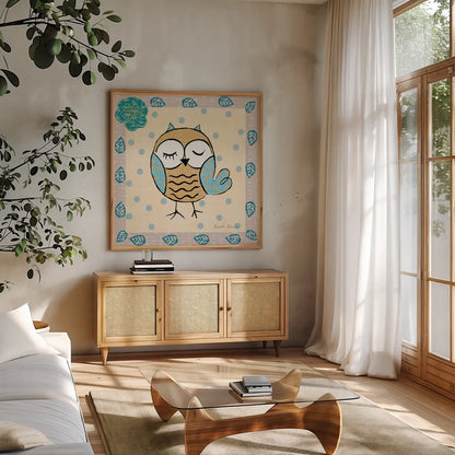 Whimsy Owls IV by Farida Zaman. Shown in a natural wood frame in a cozy modern living room. Available as an archival giclee rolled canvas, fine art paper, or poster print. SKU 33114a.