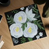 White Roses I by Farida Zaman. Shown as a detailed flat fine art print, highlighting archival giclee quality. Available as an archival giclee rolled canvas, fine art paper, or poster print. SKU 104321a.