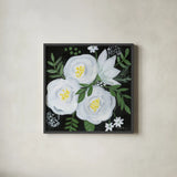 White Roses I by Farida Zaman. Shown in a sleek black glass frame for a contemporary gallery look. Available as an archival giclee rolled canvas, fine art paper, or poster print. SKU 104321a.