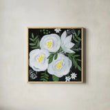 White Roses I by Farida Zaman. Shown in a natural wood glass frame for a timeless modern aesthetic. Available as an archival giclee rolled canvas, fine art paper, or poster print. SKU 104321a.